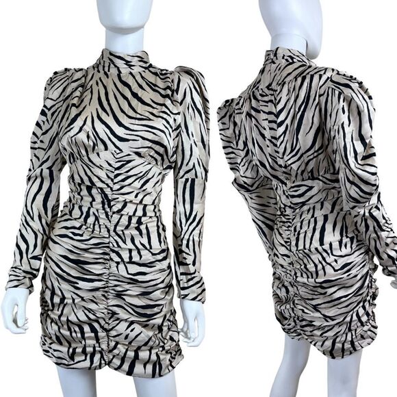 Bardot Dresses & Skirts - Bardot Women Size 10 Beige Animal Print Puff Sleeve Ruched Mini NEW Dress Party